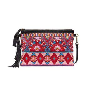 Johnny Was Laurell Fringe Floral Embroidery Bag Zip Handbag Black Pink Purse NEW